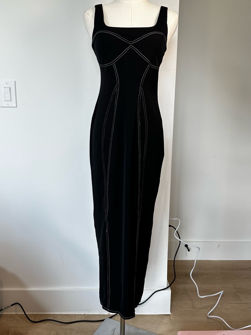 Topshop Maxi Dress Womens 4 Black Contrast Stitch Edgy Futuristic Cyberpunk